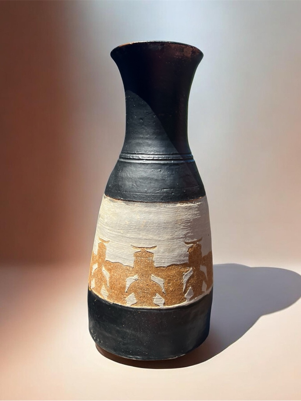 Large Vintage Studio Pottery Vase Signed EJ Scott MCM Sgraffito Tribal Style